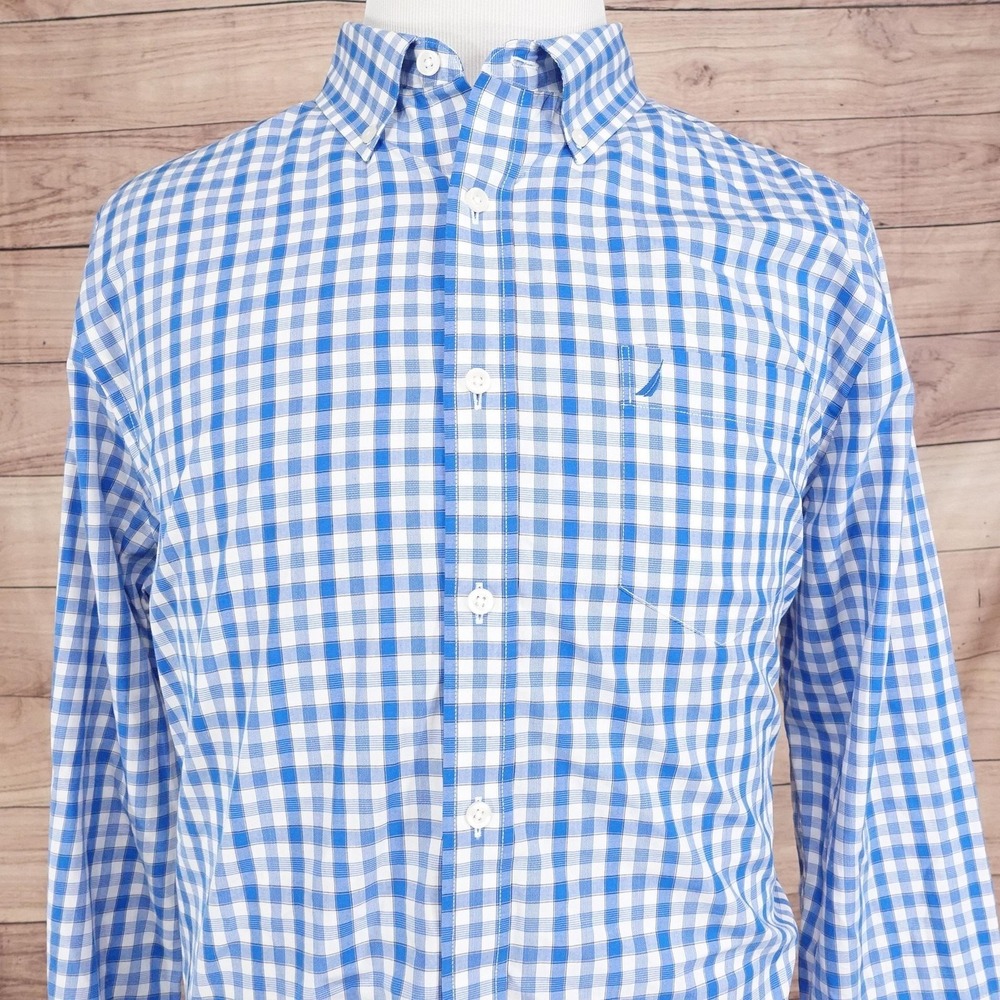 Nautica Shirt Mens XL Blue Gingham Check Slim Fit Long Sleeve Button Down Casual